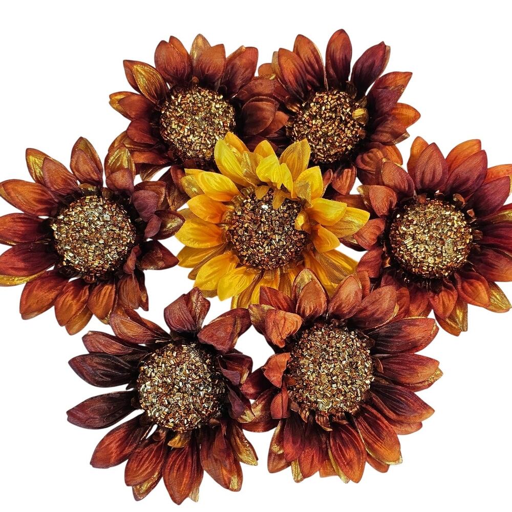Beaded Sunflower Heads Artificial Flowers 7pc 5in Brown Gold Fall Wedding Craft